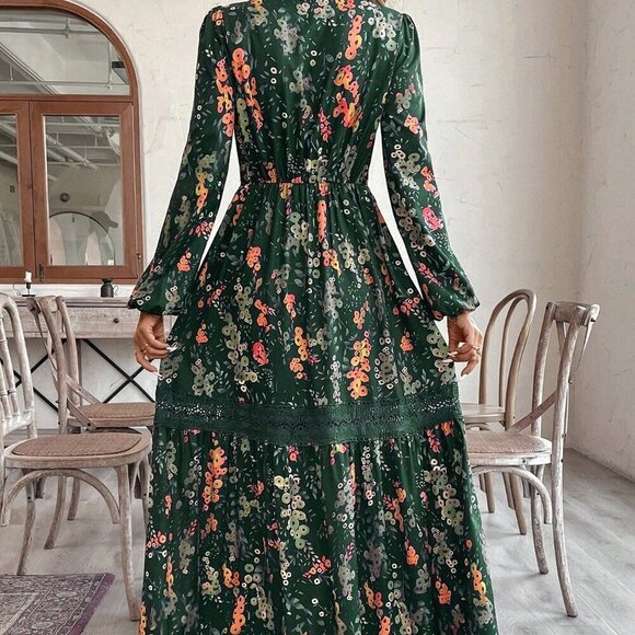 Green Boho Elegant Women's Floral Lace Trim Maxi Dress - Picture 3 of 5